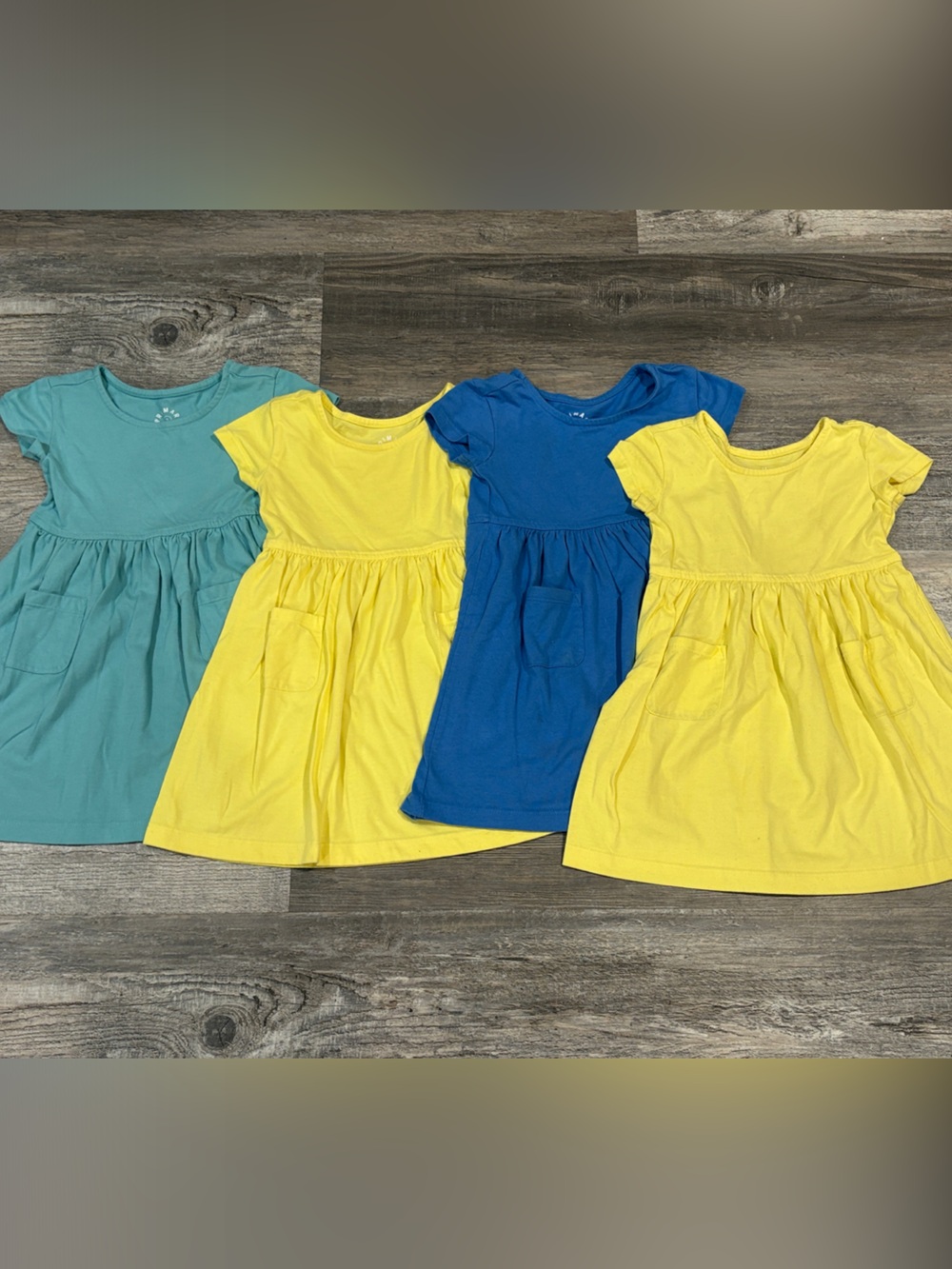 4 Primary Girls' Cotton Blend Short Sleeve Dresses in Yellow, Blue, Teal